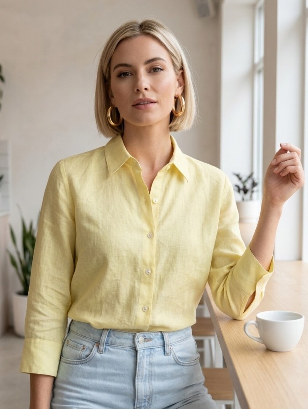 L.L.Bean🍋100%LINEN True Yellow Button-Down Shirt 3/4 Length Sleeves Sz M